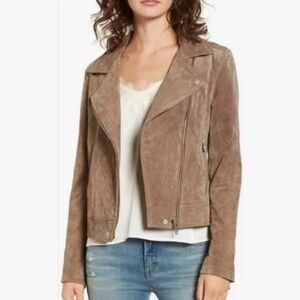 Blank NYC 100% Leather Suede Tan Asymmetric Zip-Up Cropped Moto Jacket Small